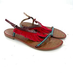 Sam Edelman Bead Fringe Sandals 8 Brown Tan Red Turquoise Southwestern